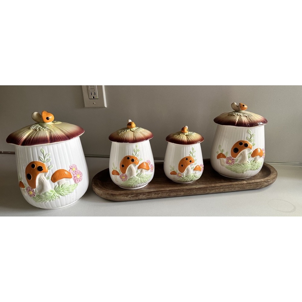 Vintage Mushroom Canister 4 Piece Set White Collector Kitchen Decor Tawain